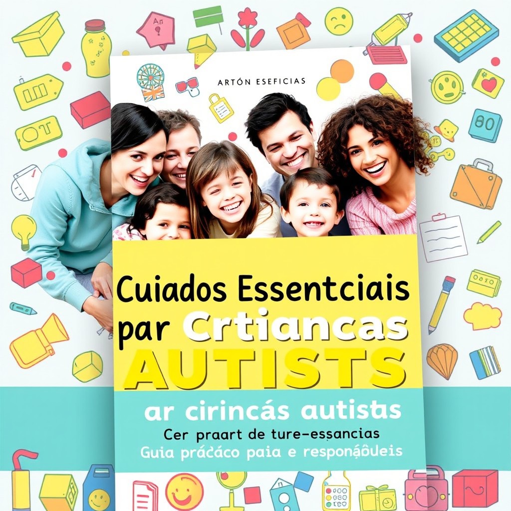 A beautifully designed eBook cover titled 'Cuidados Essenciais para Crianças Autistas: Guia Prático para Pais e Responsáveis'
