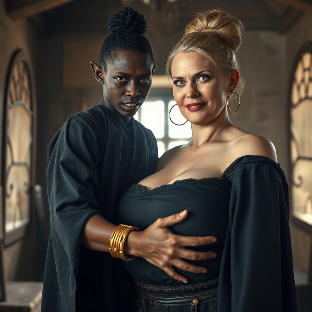 In a brightly lit medieval bordello room, a captivating and intense scene unfolds