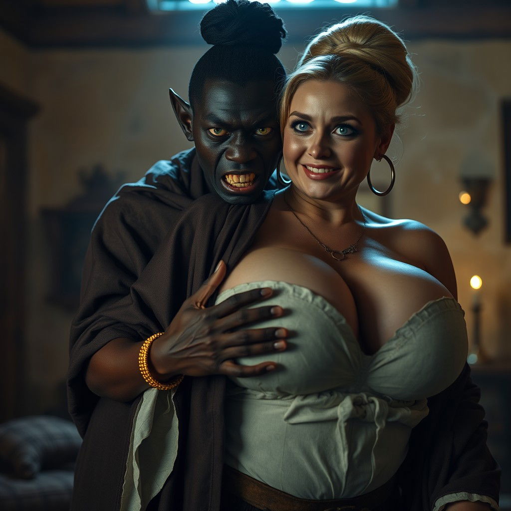 In a brightly lit medieval bordello room, a dramatic scene unfolds