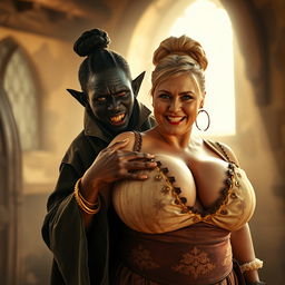 In a brightly lit medieval bordello room, a dramatic scene unfolds