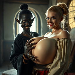 In a brightly lit medieval bordello room, a dramatic scene unfolds