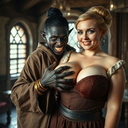 In a brightly lit medieval bordello room, a dramatic scene unfolds