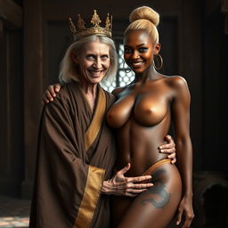 In a medieval room, a very short and emaciated 40-year-old blonde woman with medium-length hair and bright blue eyes wears a long, fully-closed noble Buddhist robe with golden edges