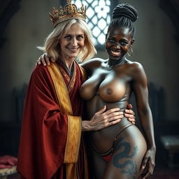 In a medieval room, a very short and emaciated 40-year-old blonde woman with medium-length hair and bright blue eyes wears a long, fully-closed noble Buddhist robe with golden edges