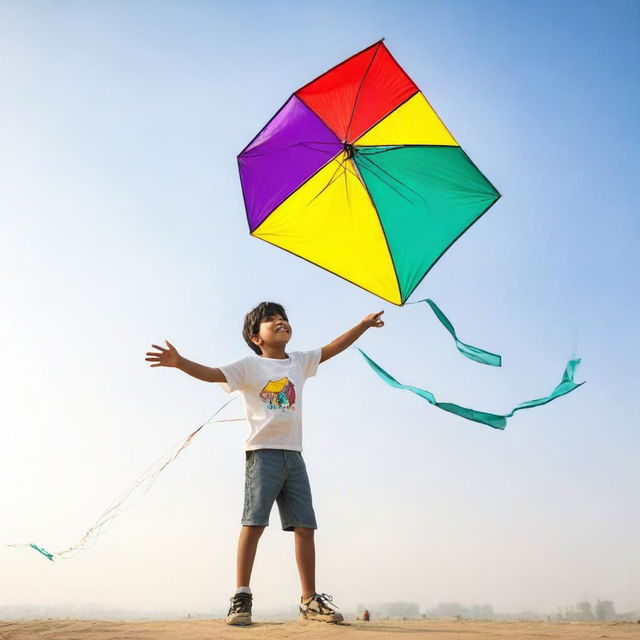 A young boy joyfully flying a colorful kite in a clear, bright sky. The boy is wearing a casual t-shirt that has the name 'Aanand' expertly printed on it.