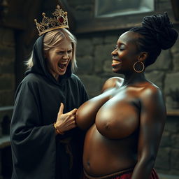 In a medieval room, a striking scene captures an emotionally charged moment featuring a young, petite blonde woman, only 19 years old, who is notably malnourished