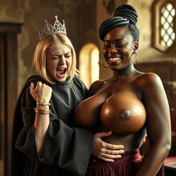 In a medieval room, a dramatic scene unfolds featuring a young blonde woman, only 19 years old, who is quite petite and malnourished