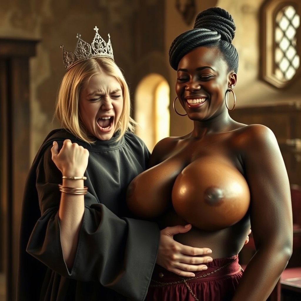 In a medieval room, a dramatic scene unfolds featuring a young blonde woman, only 19 years old, who is quite petite and malnourished