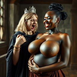 In a medieval room, a dramatic scene unfolds featuring a young blonde woman, only 19 years old, who is quite petite and malnourished