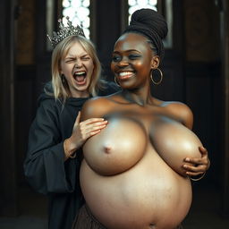 In a medieval room, a dramatic scene unfolds featuring a young blonde woman, only 19 years old, who is quite petite and malnourished