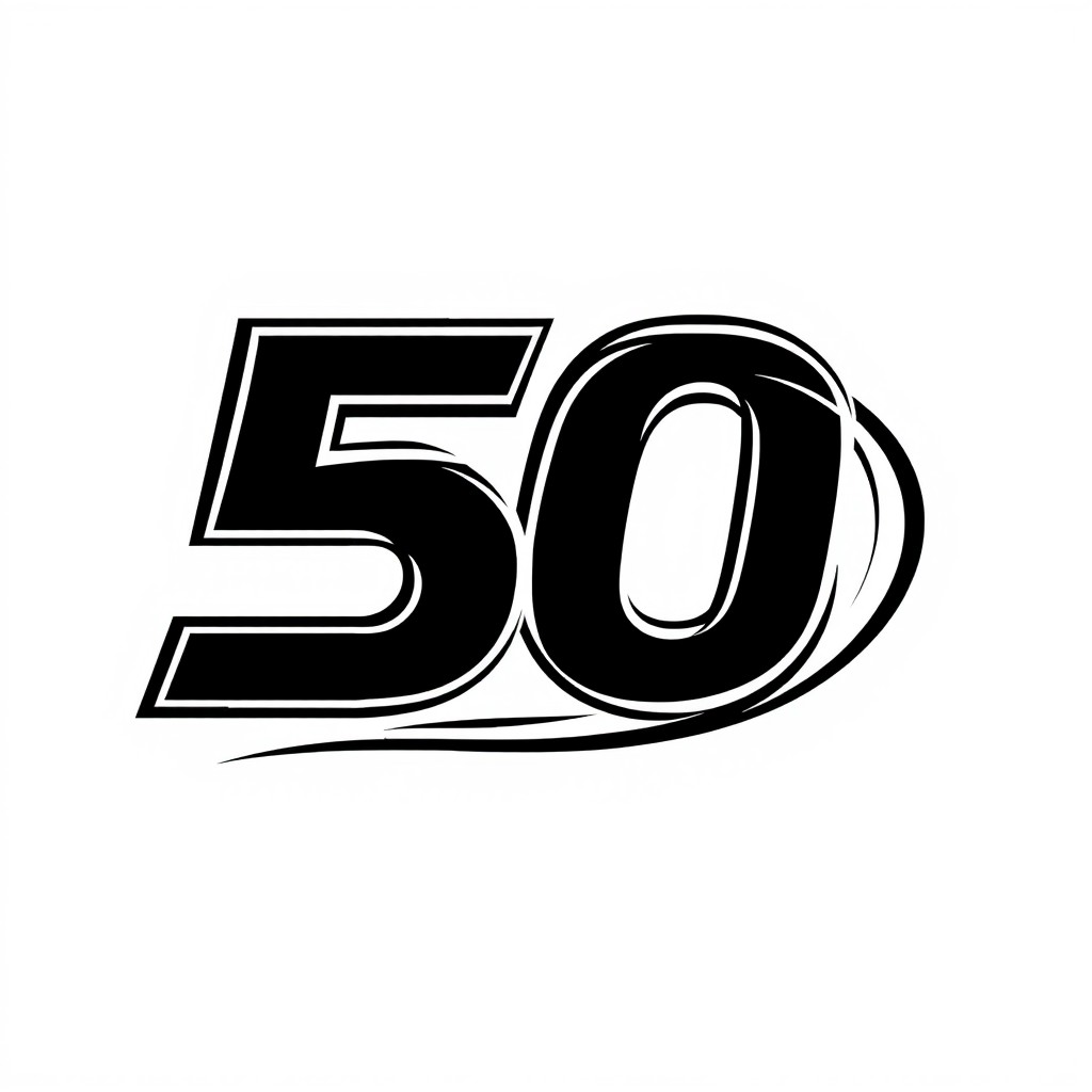 A high-contrast, monochromatic image featuring the bold number 50 styled as a racing number