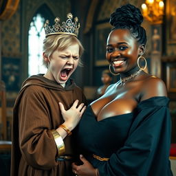 In a medieval room, a vivid scene captures an emotionally charged moment featuring a young, petite blonde woman, just 19 years old and malnourished, dressed in a long, fully-closed monk's robe