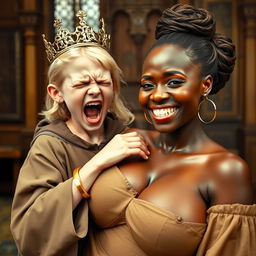 In a medieval room, a vivid scene captures an emotionally charged moment featuring a young, petite blonde woman, just 19 years old and malnourished, dressed in a long, fully-closed monk's robe