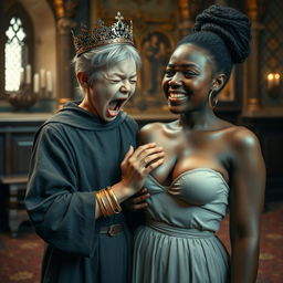 In a medieval room, a vivid scene captures an emotionally charged moment featuring a young, petite blonde woman, just 19 years old and malnourished, dressed in a long, fully-closed monk's robe