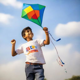 A young boy joyfully flying a colorful kite in a clear, bright sky. The boy is wearing a casual t-shirt that has the name 'Aanand' expertly printed on it.