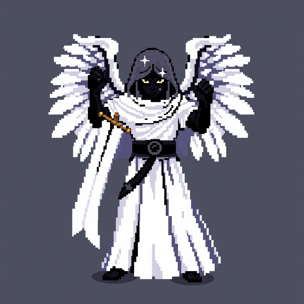 A pixel art depiction of a dark angel, fully clothed in brilliant white robes, wielding a gleaming sword