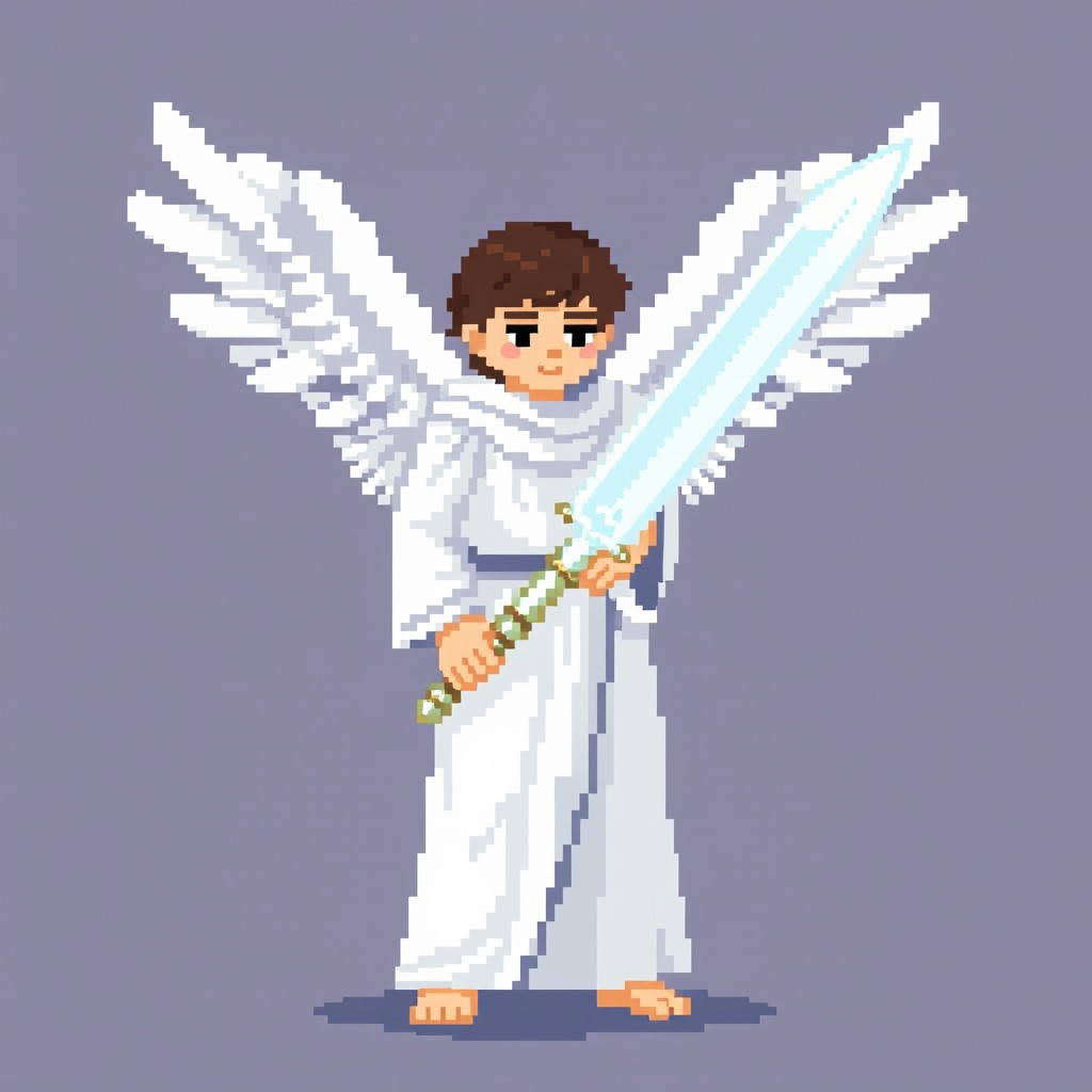 A pixel art depiction of a divine angel, dressed entirely in pure white attire, holding a shining sword