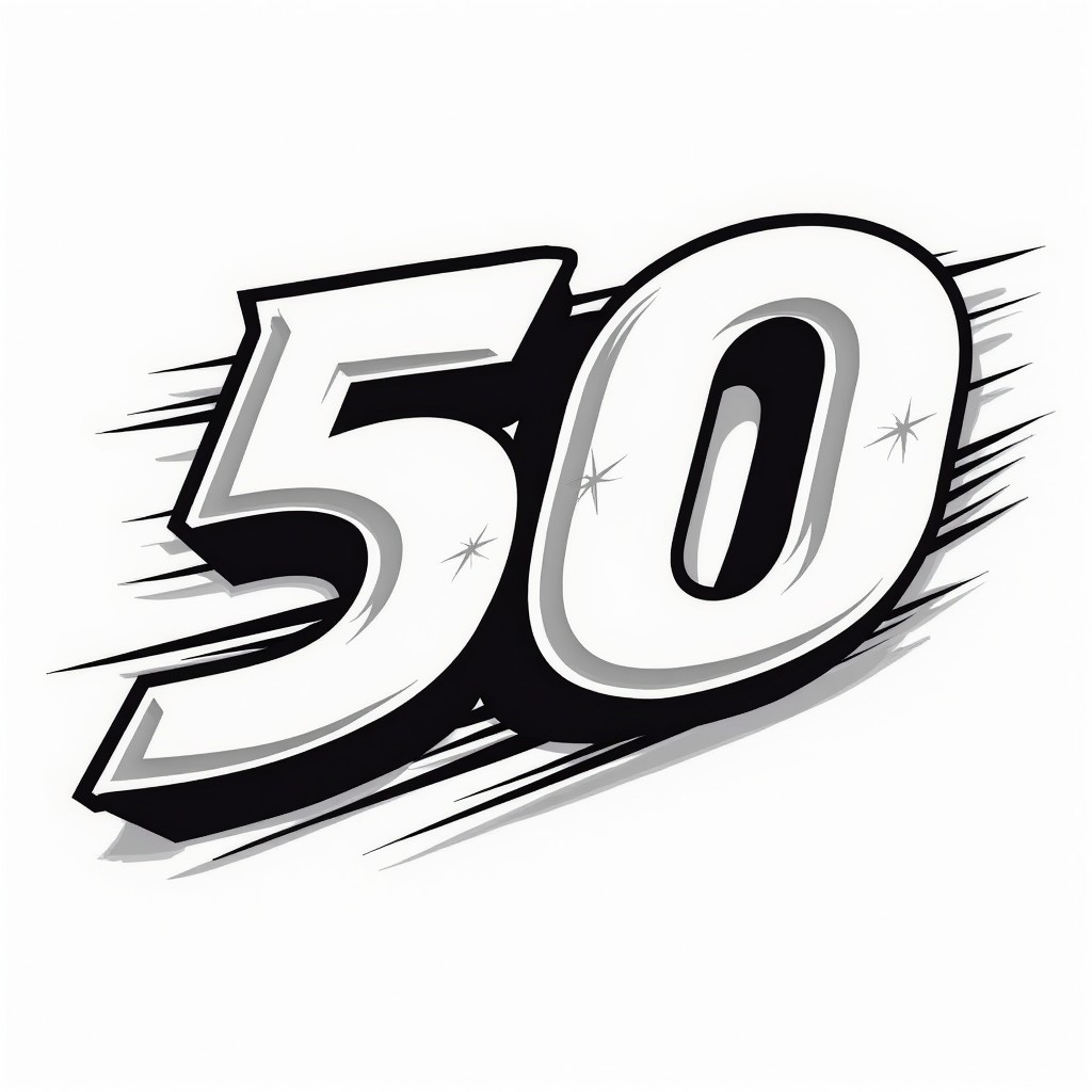 A bold and dynamic graphic representation of the number 50, designed in a racing style