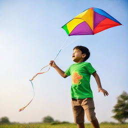 A young boy joyfully flying a colorful kite in a clear, bright sky. The boy is wearing a casual t-shirt that has the name 'Aanand' expertly printed on it.