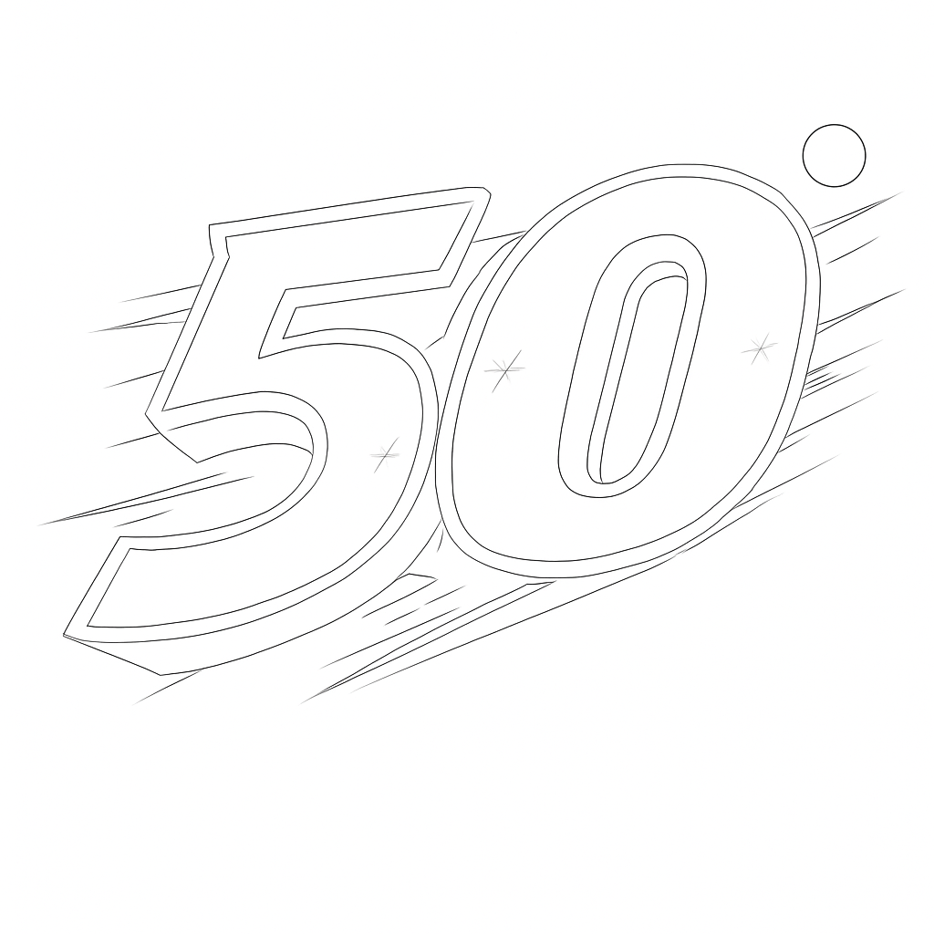 A clean, 3D representation of the number 50, designed in a block style with only the back edges outlined in a light black or gray