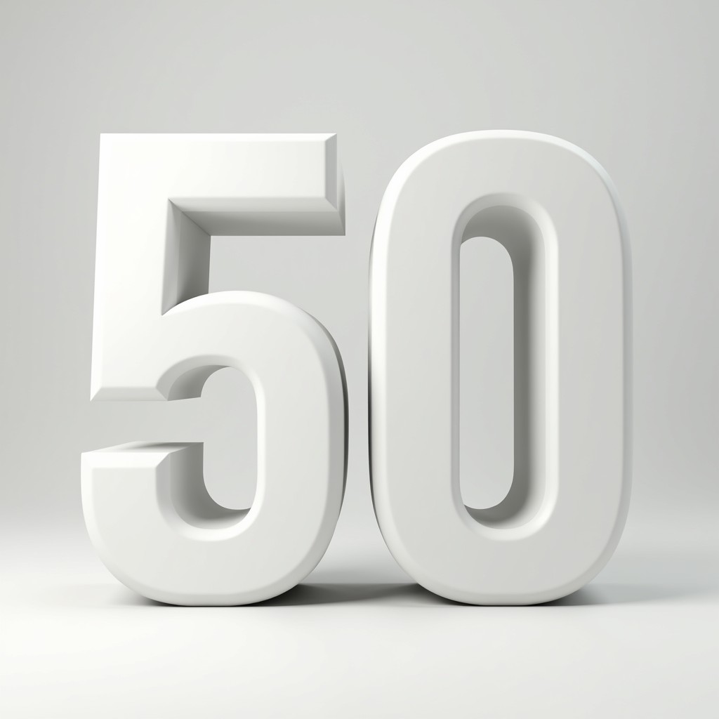 A 3D representation of the number 50, designed in a block style, facing straight on