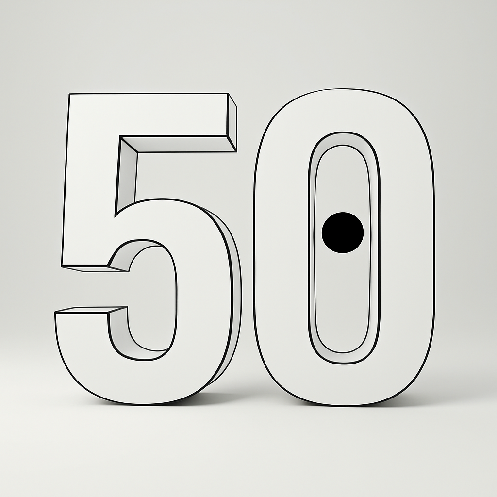 A 3D representation of the number 50, designed in a block style