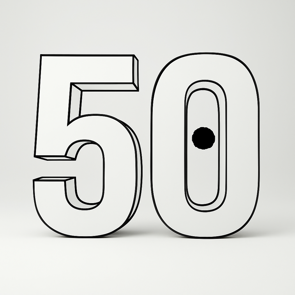 A 3D representation of the number 50, designed in a block style