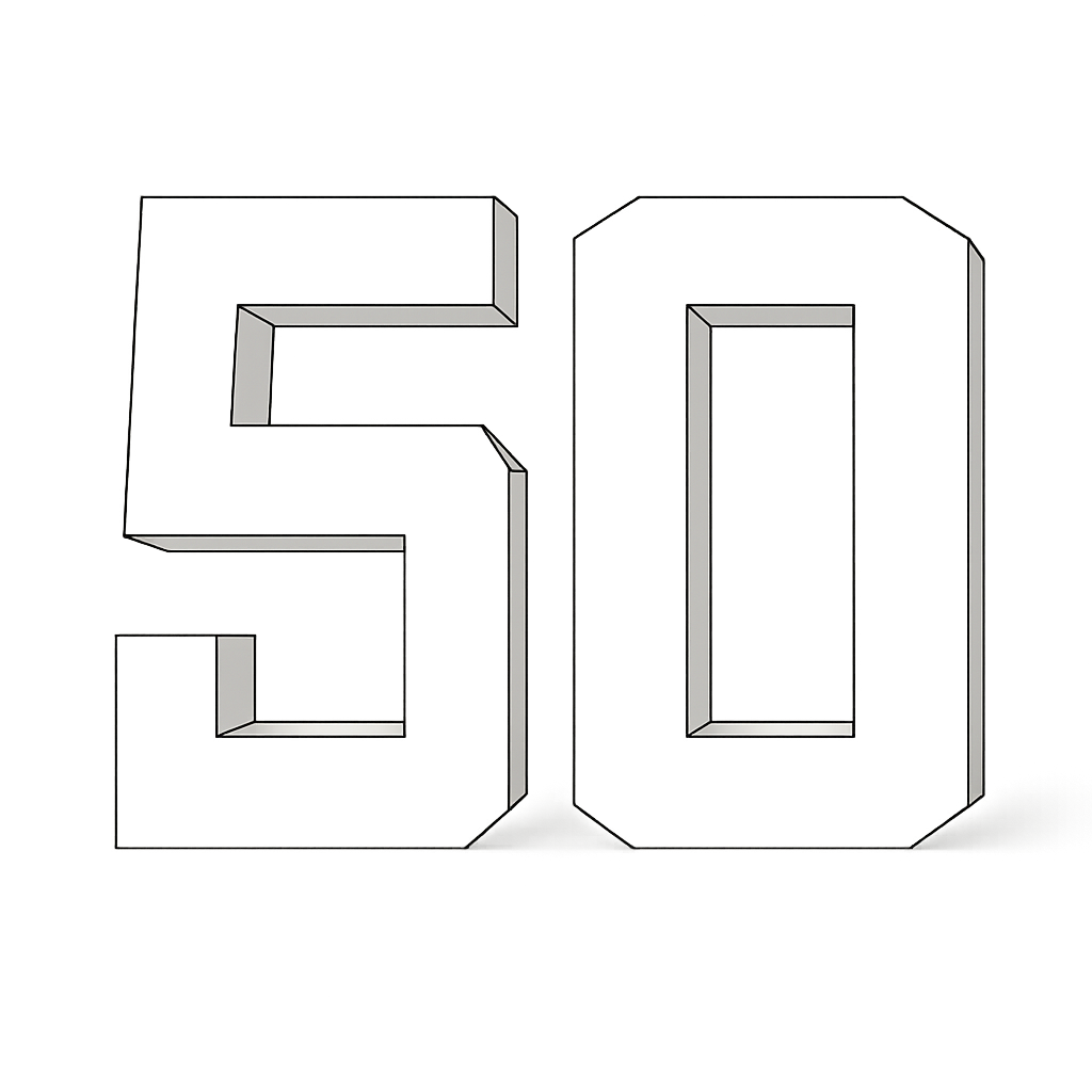 A 3D representation of the number 50 with a bold and geometric style
