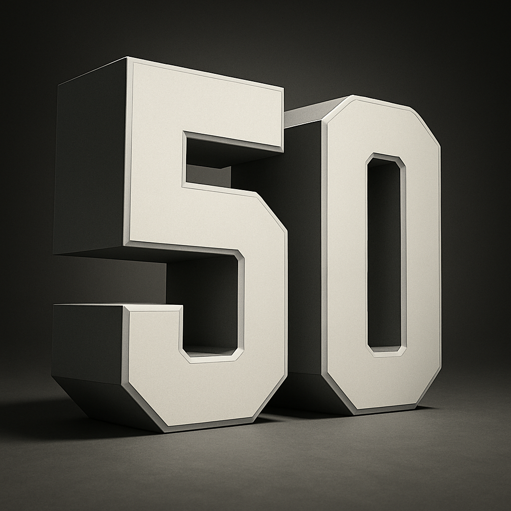 A 3D typographical print of the number 50, designed with a solid structure that has the digits extending backward, creating depth and visual interest