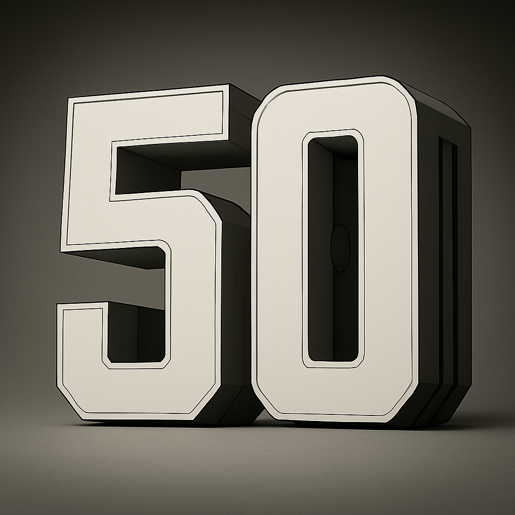A 3D typographical print of the number 50, where the back of the digits is expanded further back for a more pronounced depth effect