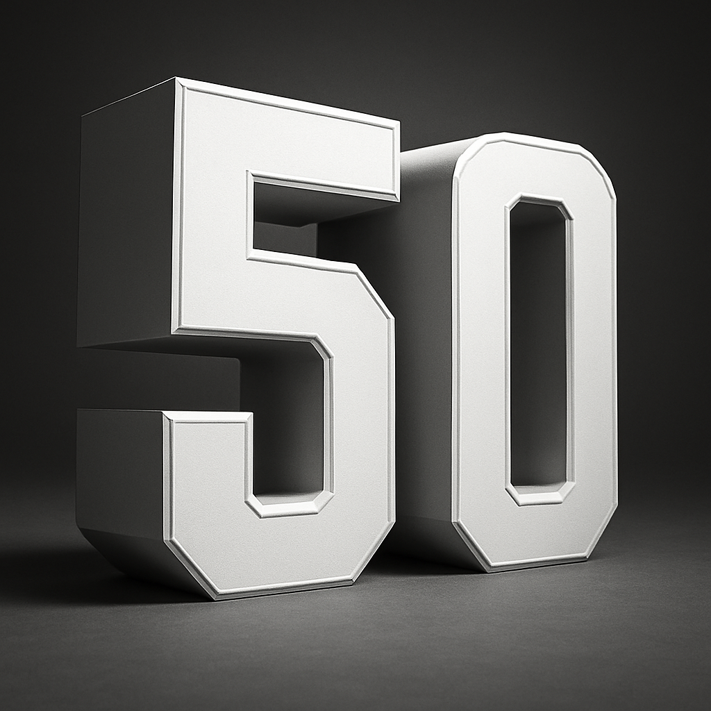 A striking black and white depiction of the number 50 in a 3D block style