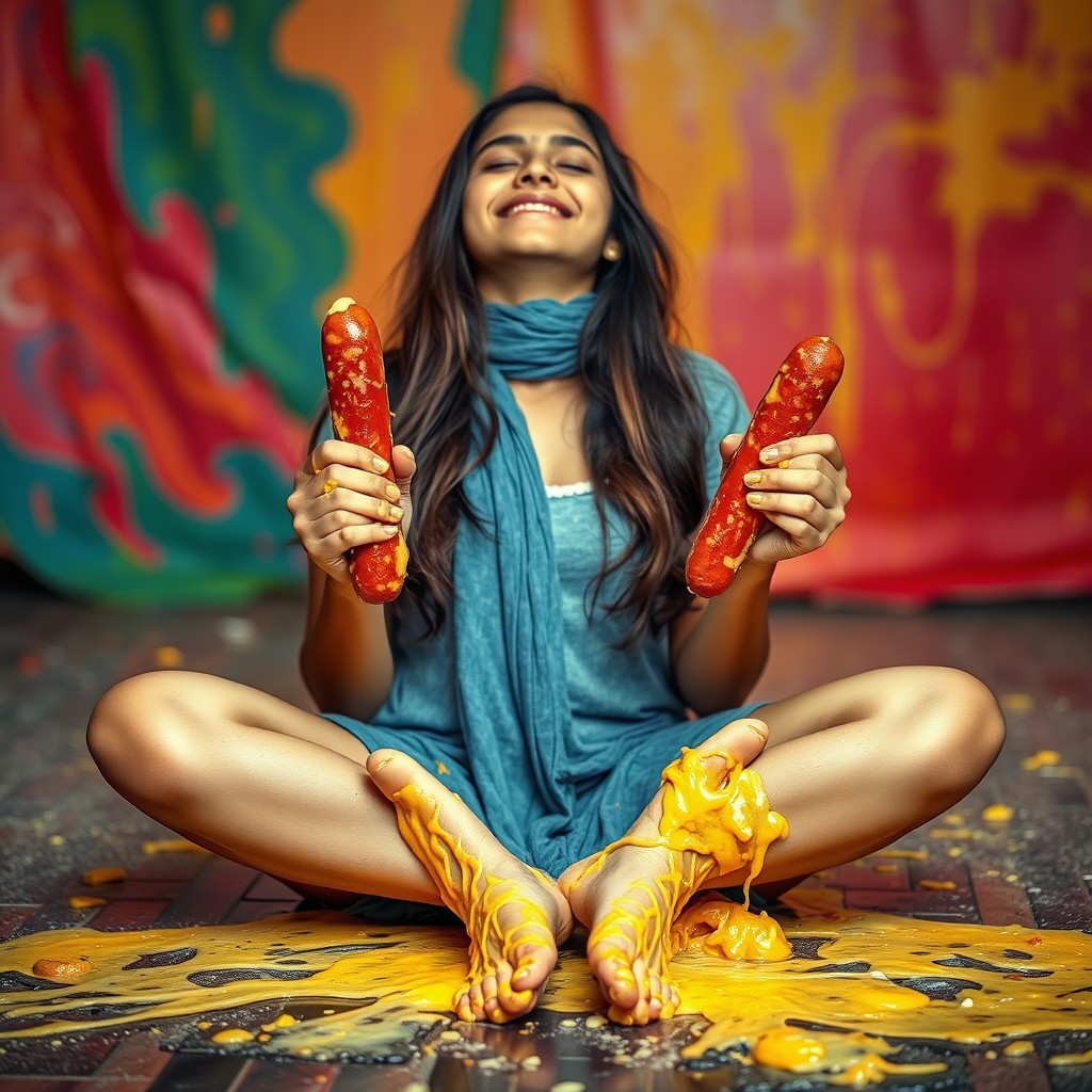 A hot Pakistani girl, 18 years old, sitting criss-cross on the ground, blissfully smiling with her eyes closed