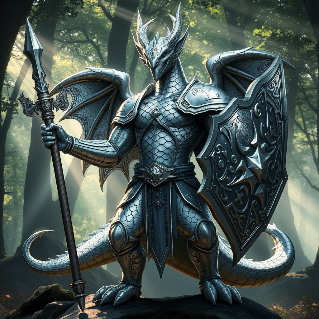 A majestic silver dragonborn paladin standing bravely, wielding a quarterstaff in one hand and a shield in the other