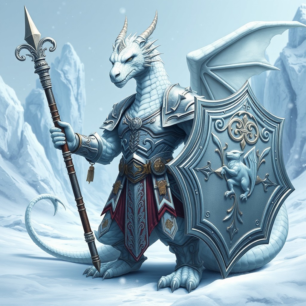 A majestic white dragonborn paladin standing in a heroic pose, skillfully wielding a quarterstaff in one hand and a large, ornate shield in the other
