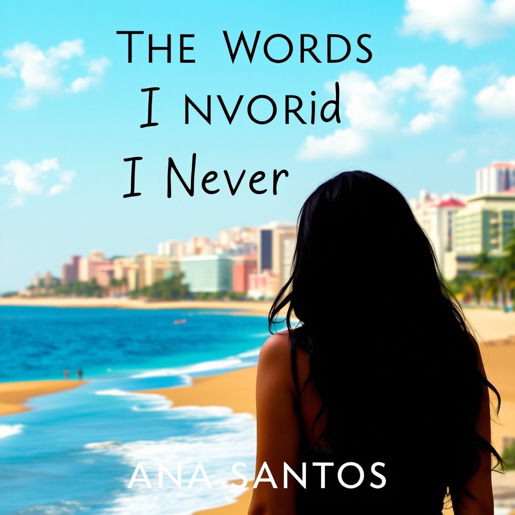 A book cover for 'The Words I Never Said' by Ana Santos, featuring a scenic portrayal of a vibrant and sunny coastal city, encapsulating the essence of a beachy setting