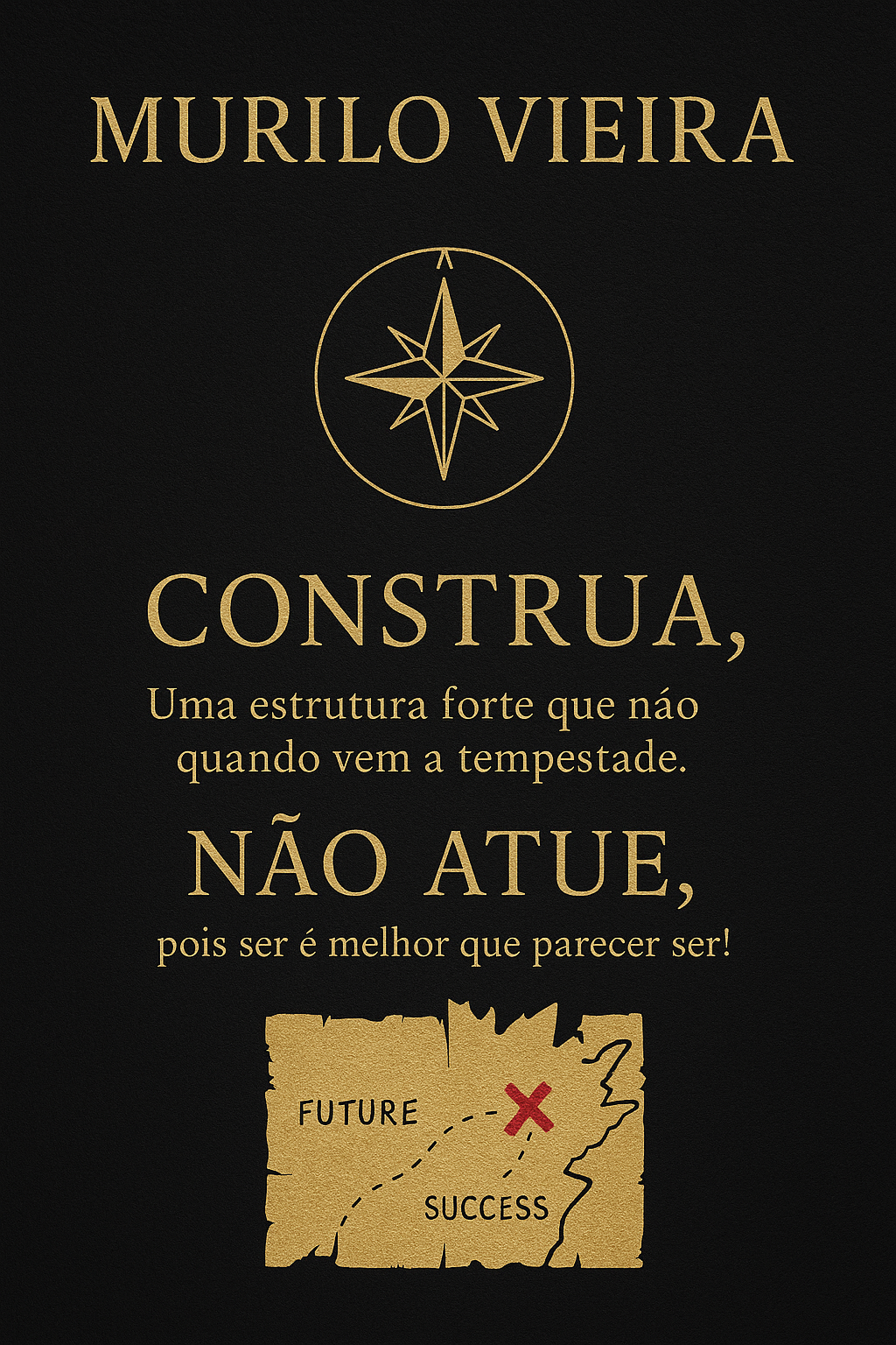eio mapa, tipo um mapa de pirata, sabe? Com um x em vermelho, desse jeito. Porque o que é o meu objetivo? É direcionar pra chegar no sucesso. Então é uma bússola que direciona e o mapa é onde tá o segredo, entendeu? O fundo, o fundo do livro, eu não quero ele dessa cor. Eu quero ele 100% preto, mas é um preto texturizado, entendeu? Porque tudo que é texturizado ele dá um ar mais high-end, mais luxuoso, mais alto padrão. Então o fundo do livro eu quero ele texturizado. Um preto texturizado.
