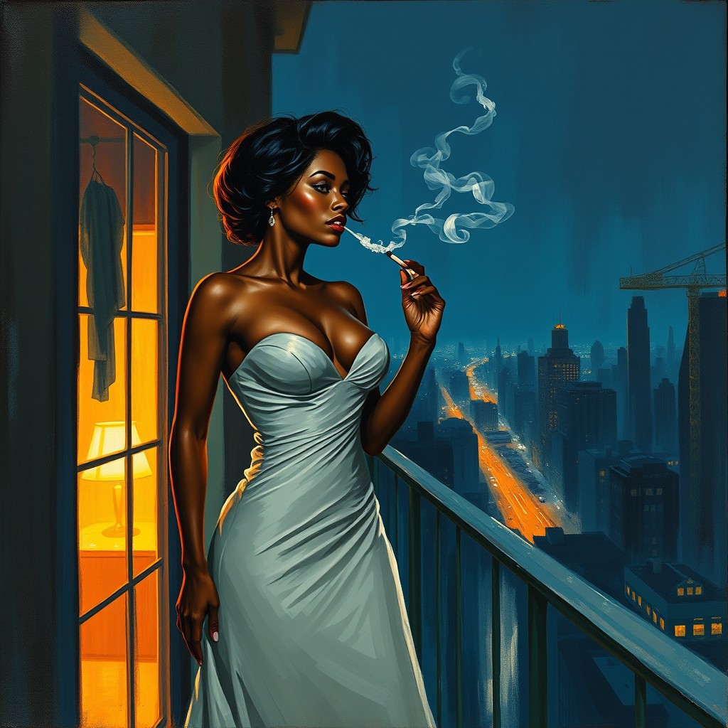 An authentic painting inspired by the styles of Terry Rodgers and Malcolm Liepke, depicting a beautiful and very attractive mulatto woman with her chest out, elegantly dressed in a long gown, standing on a balcony at night