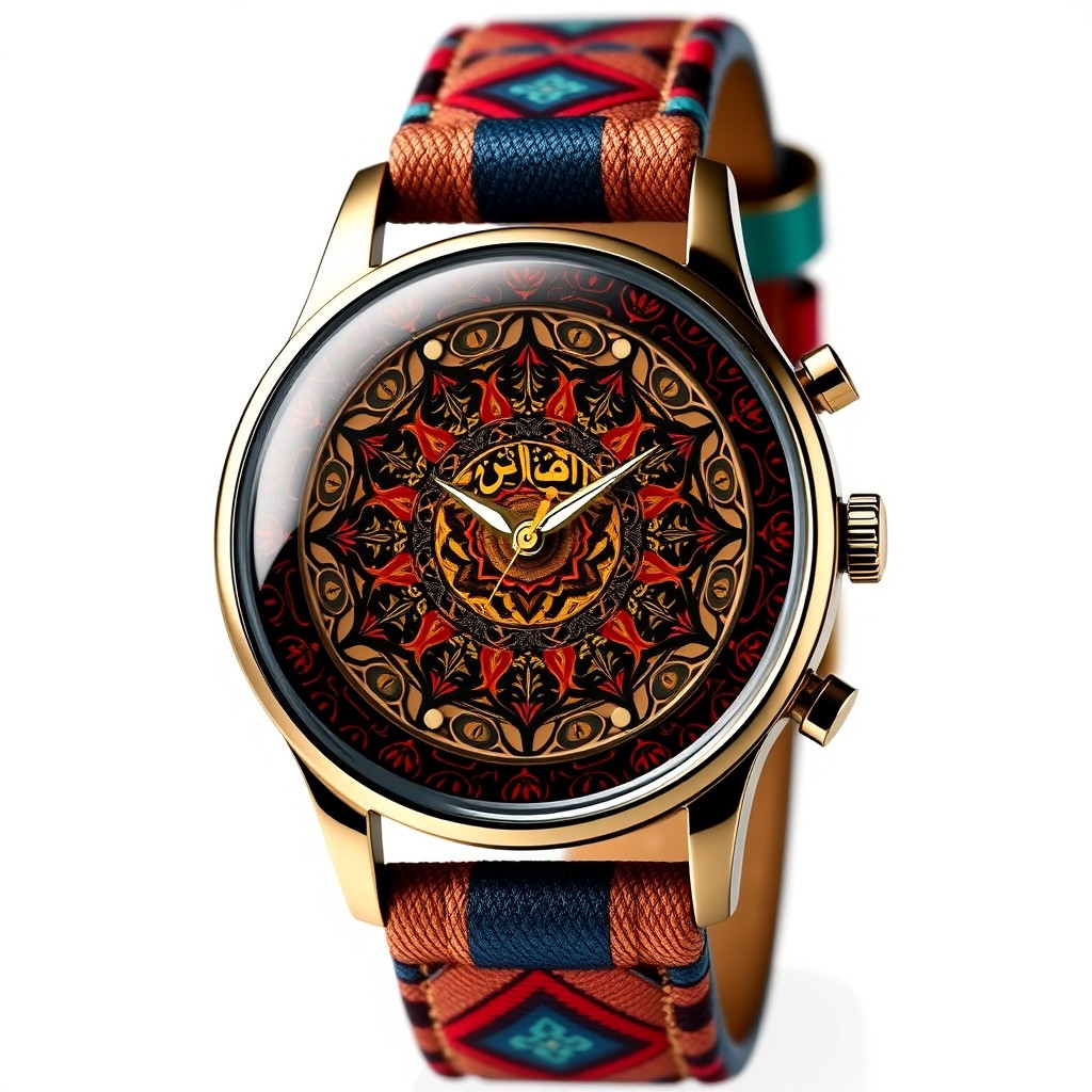 A beautifully designed watch that incorporates elements of Jordanian culture and heritage, featuring intricate patterns inspired by traditional Jordanian art, such as geometric designs and floral motifs