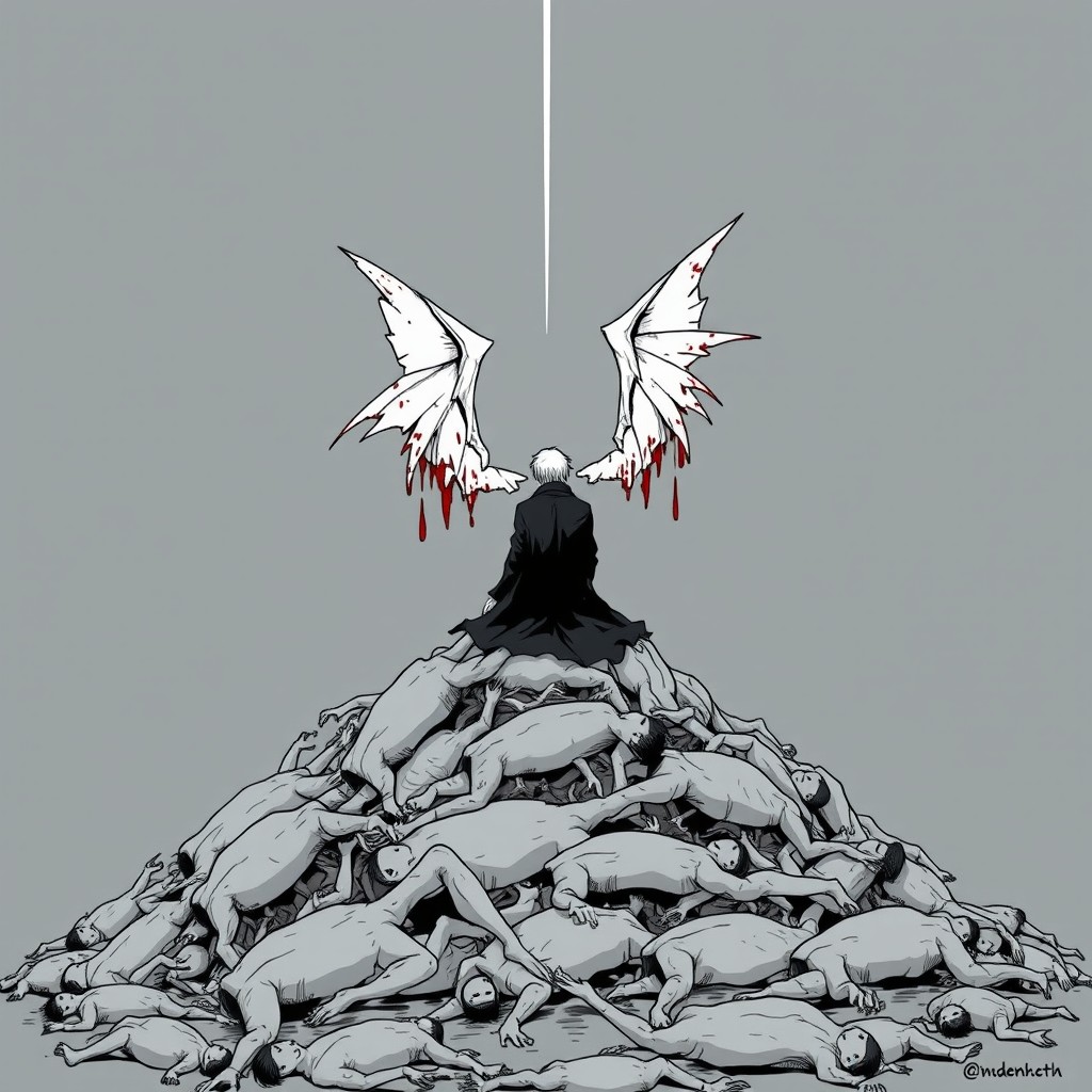 On a gray background, a minimalist comic style depicting a scene with a person sitting on a mountain of dead bodies