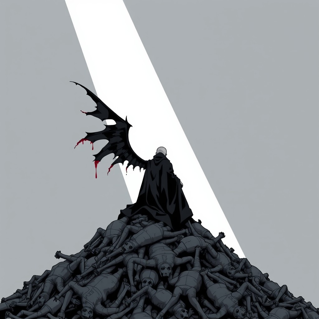 In a comic style with minimalist design, depict a scene on a gray background featuring a solitary figure sitting atop a mountain of dead bodies