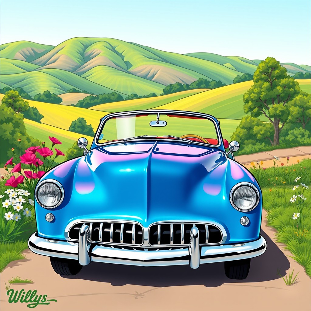 A vibrant and colorful illustration of a classic 1952 Willys Aero, showcasing its sleek lines and distinctive design