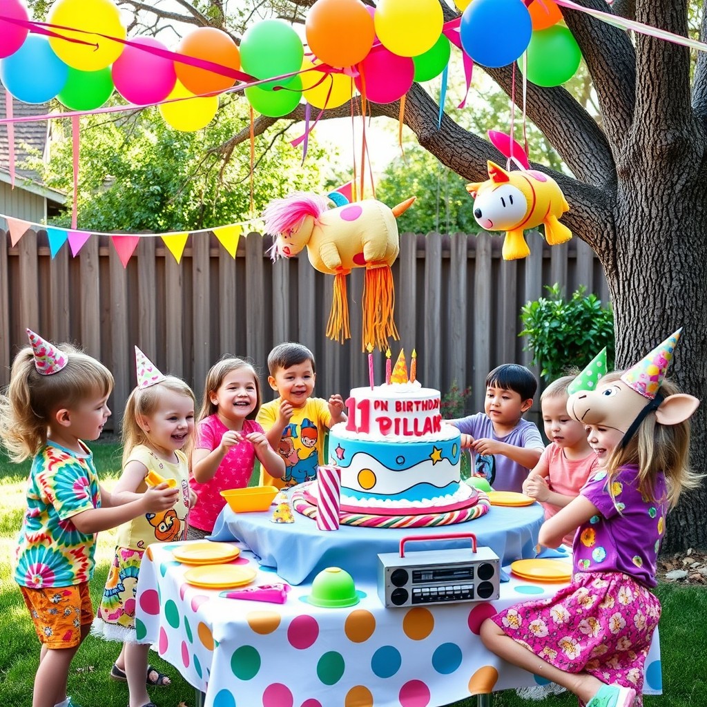 A vibrant and lively 90s style kid's birthday party scene set in a backyard