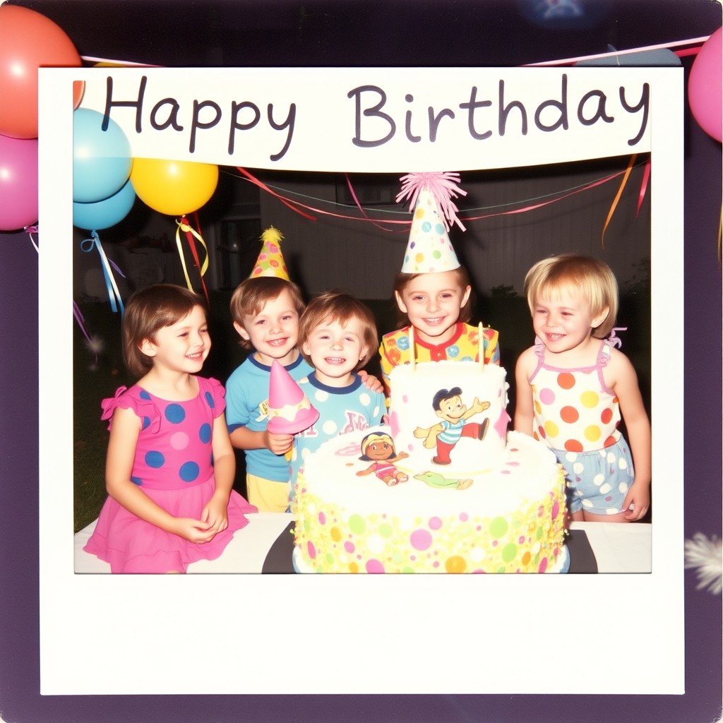 A 90s style Polaroid photograph capturing a joyful kid's birthday party scene