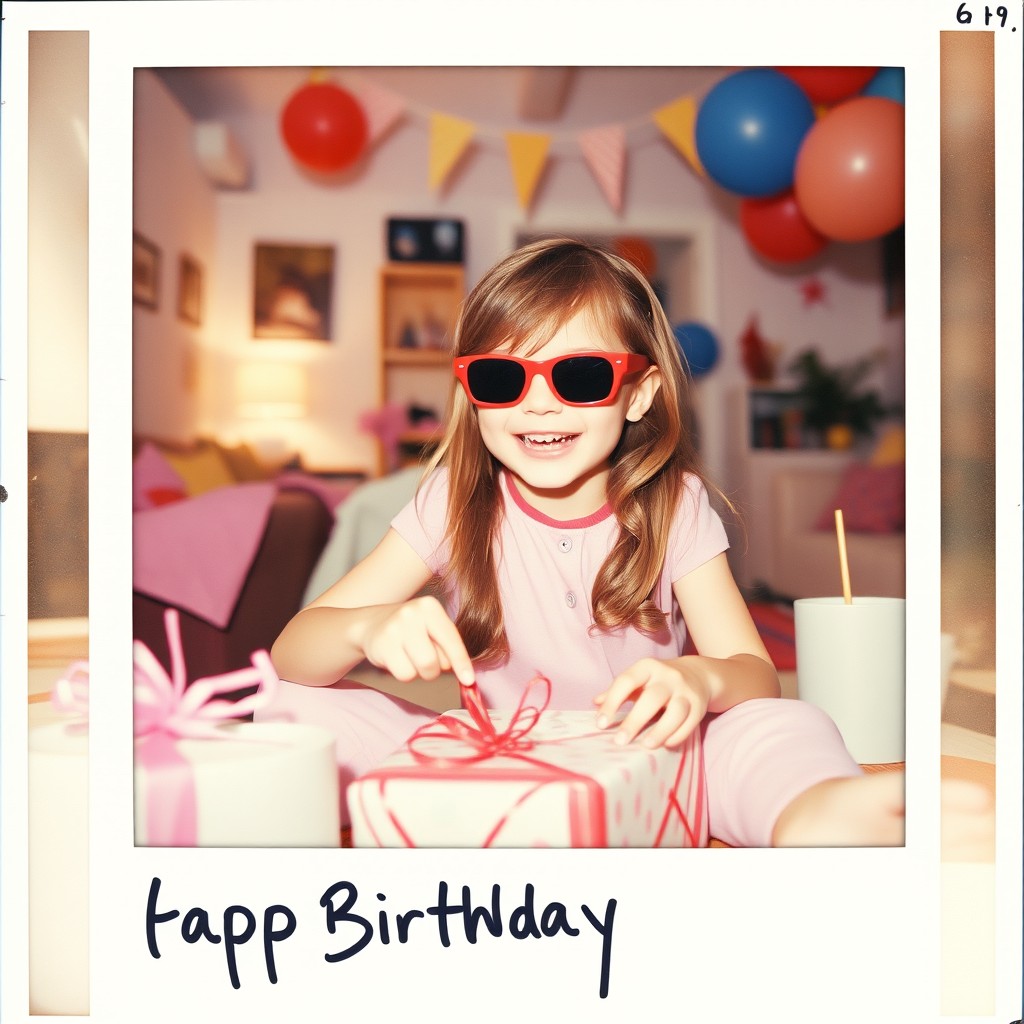 A nostalgic, candid Polaroid picture depicting a 6-year-old girl joyfully opening a birthday present in a cozy, 90s-style American home