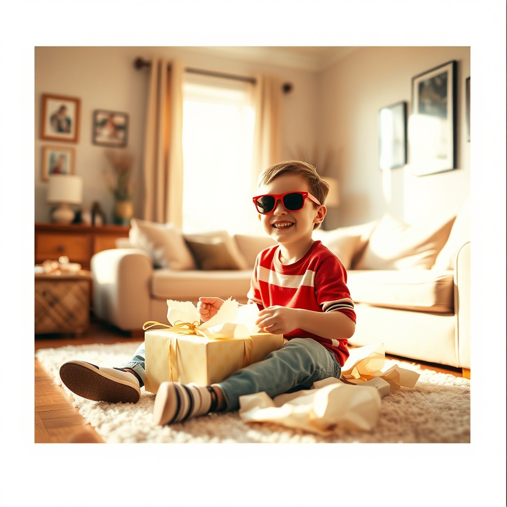 A Polaroid-style instant film photo capturing a joyful 5-year-old child opening a present in a cozy, typical American suburban living room