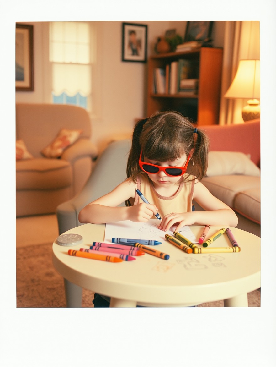 A Polaroid-style instant film photo featuring a 5-year-old girl drawing with crayons at a small table in a typical 1990s American suburban living room