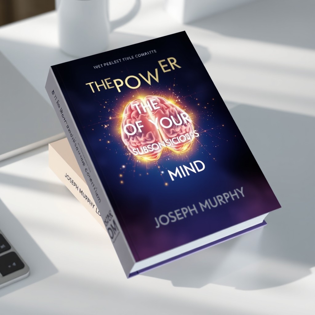 A realistic 3D book mockup of 'The Power Of Your Subconscious Mind' by Joseph Murphy, featuring an elegant and eye-catching design
