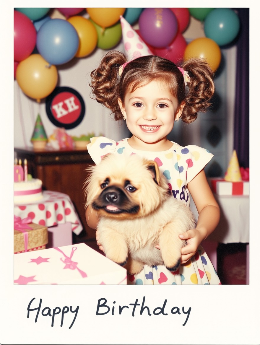 A candid Polaroid-style image capturing a joyful 6-year-old girl at a 90s American birthday party