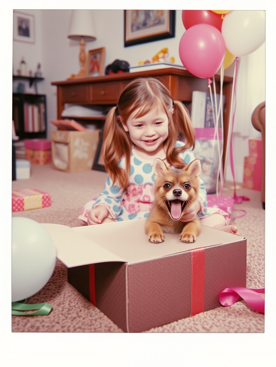 A candid Polaroid picture featuring a 6-year-old girl excitedly opening a birthday present in a cozy 90s American home