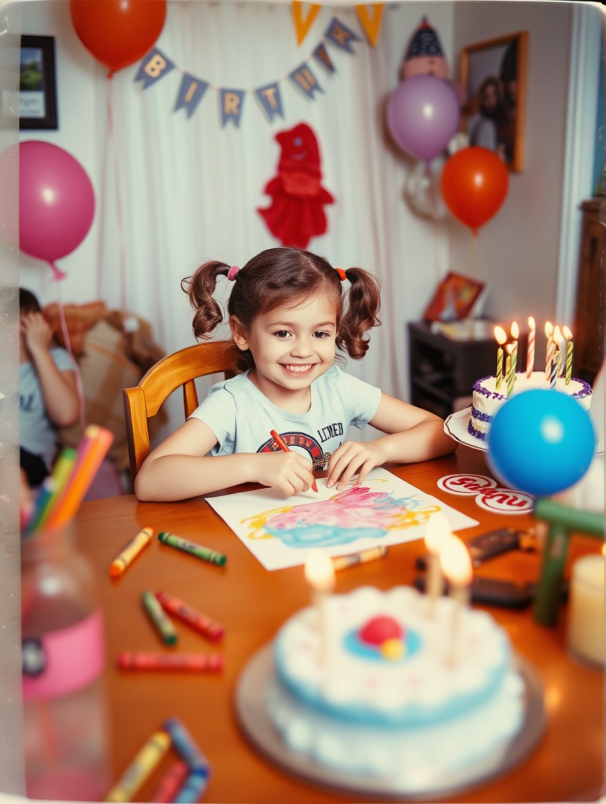 A candid Polaroid-style image featuring a joyful 6-year-old girl sitting at a table in a 90s American home during a birthday party